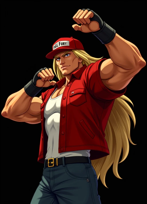 a strong man, with a red cap that says fatal fury, cabelo longo e loiro, wears a red short-sleeved jacket, white tank top tucked into the jacket, with fighter gloves.