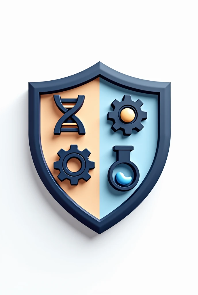 Science club logo, shield, with dna, gears, atom, and science experiment tube divided into four boxes 3d logo, white background