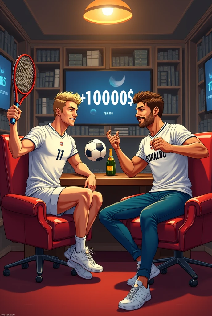 Créer une image pour le paris sportif . Il est censé y avoir deux homme sur la photo, un de race blanche et l autre de race noire. est' un porte une tenue de tennis et l autre porte une tenue de foot avec ecrit sur le maillot floqué RONALDO que dans le dos du maillot . Devrait-il porter une magnifique pièce d'argent. Dans la main gauche, il devrait avoir une raquette de tennis et l autre un ballon . sur l'image, vous devriez voir une tele avec du sport en arrière-plan , il devrait y avoir des liasses de billets partout dans la piece , il devrait y avoir des fauteuils de roi dont lequel sont assis les deux hommes rester, et le tout devrait être en dessin animé et bien mettre une personne de race blanche et l'autre de race noire. , La personne blanche est blonde sans barbe , les deux hommes sont vue de dos , au dessus de la tele il doit il y avoir marqué + 10000$ et un des deux hommes saute de joie et il doit aussi avoir du champagne sur la table. l homme de race noire doit avoir une oustache et un peu de barbe et il doit y avoir des femmes sexy dans la piece