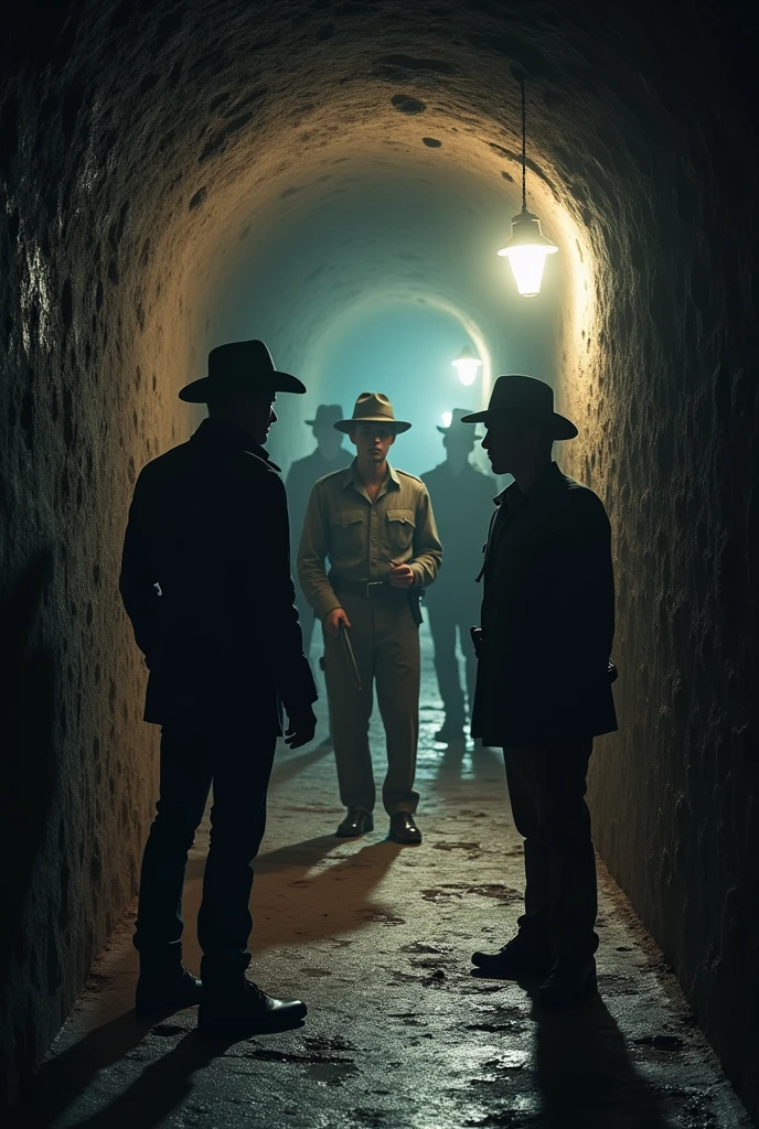 Scene Description:
Characters: Tom Sawyer, Huckleberry Finn, and several detectives. Tom and Huck look determined and ready for battle, while the detectives in police uniforms appear tense and focused.
Spatial Positioning: The scene takes place in an underground passage or cave where Tom and Huck are hiding behind a wall, while the detectives cautiously approach.
Objects: Dark underground walls, light sources from torches or lamps. The detectives' weapons and investigative tools.
Atmosphere: Intense and tense, with a stark contrast between the darkness of the underground and the bright torchlight. There is a sense of danger and secrecy.