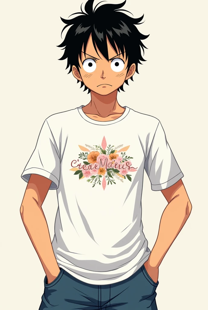 I want an image of Luffy from One Peace with a white short-sleeved t-shirt that has the creamiss logo by mislanis cortes