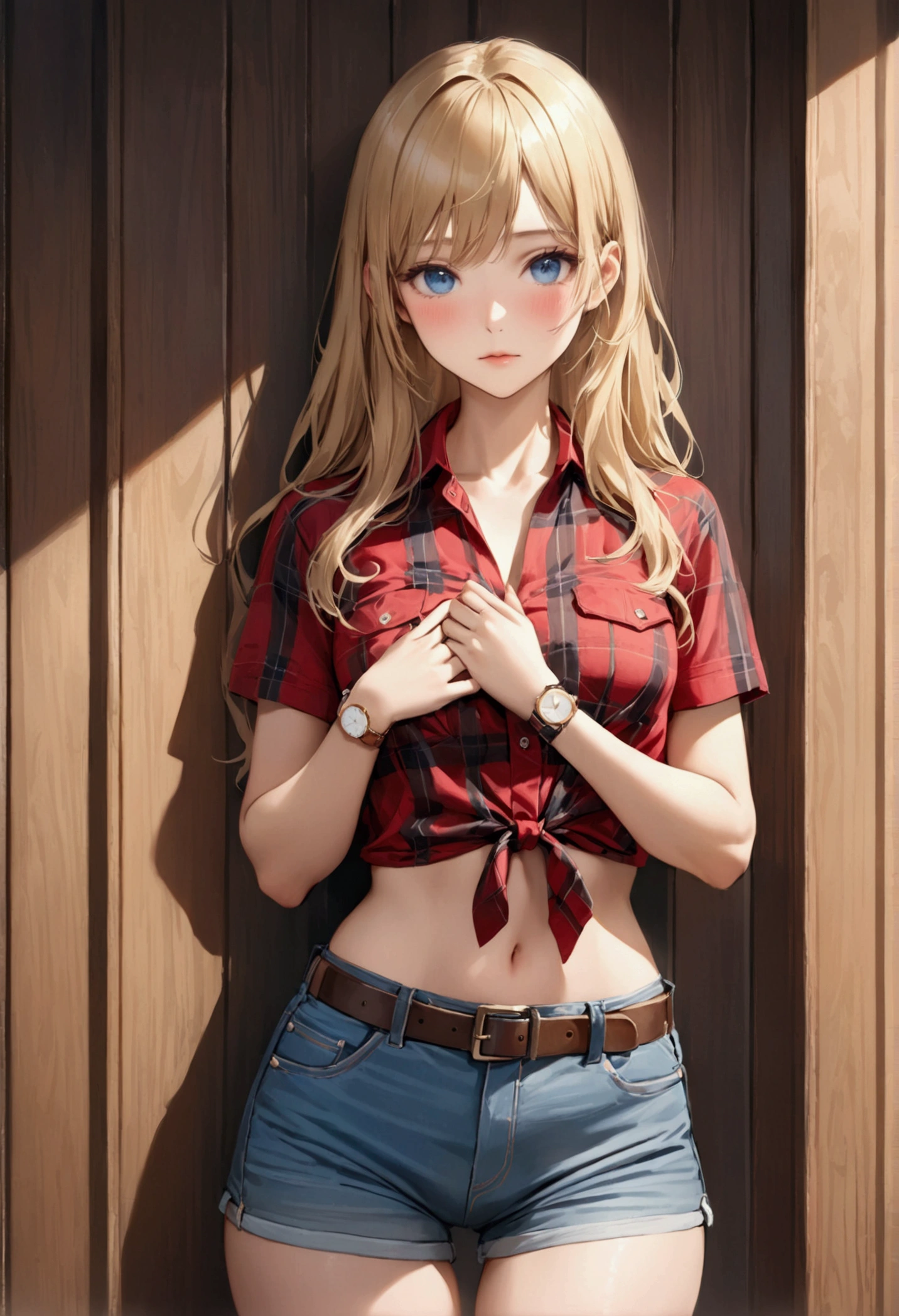 Woman with long blonde hair, blue eyes, An athletic body, Red checked tight-fitting short-sleeved collared shirt, watch, Navel exposed, Denim hot pants, Brown belt with oval buckle, Stand up straight, blush,In front of a wooden wall,Front view,Cowboy Shot,16K, Highest quality, masterpiece, Realistic, detailed