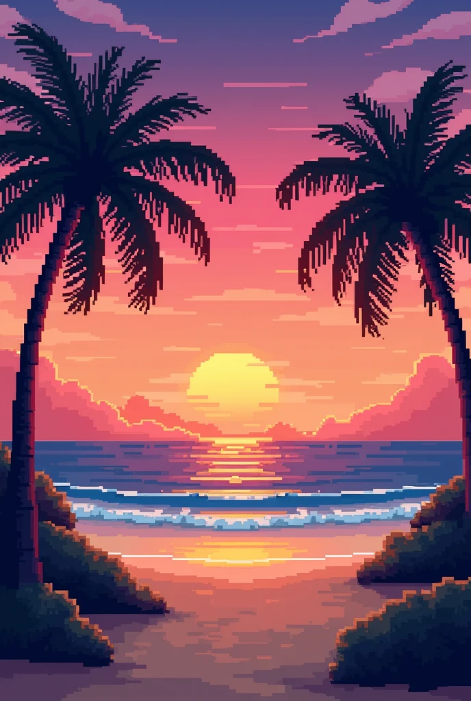 The pixelated beach scene with a vibrant orange and pink sunset, silhouetted palm trees swaying in the breeze is a beautiful and serene sight.