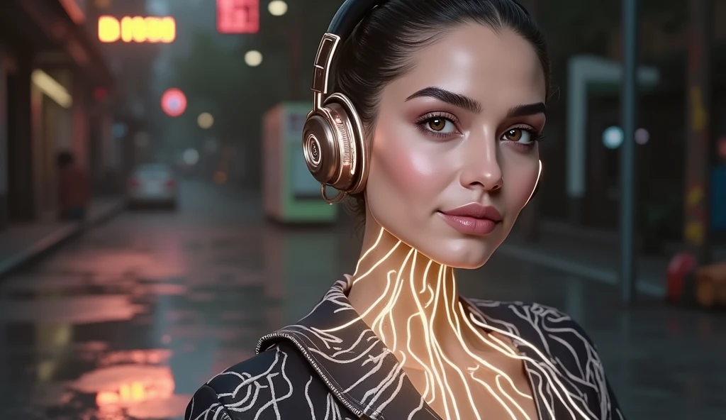 Sonam Kapoor look a like, glowing wires, headphone,  dark city, reflective puddles, neon signs,, Photorealistic, Hyperrealistic, Hyperdetailed, analog style, soft lighting, subsurface scattering, realistic, heavy shadow, masterpiece, best quality, ultra realistic, 8k, golden ratio, Intricate, High Detail, film photography, soft focus, RAW candid cinema, 16mm, color graded portra 400 film, remarkable color, ultra realistic,