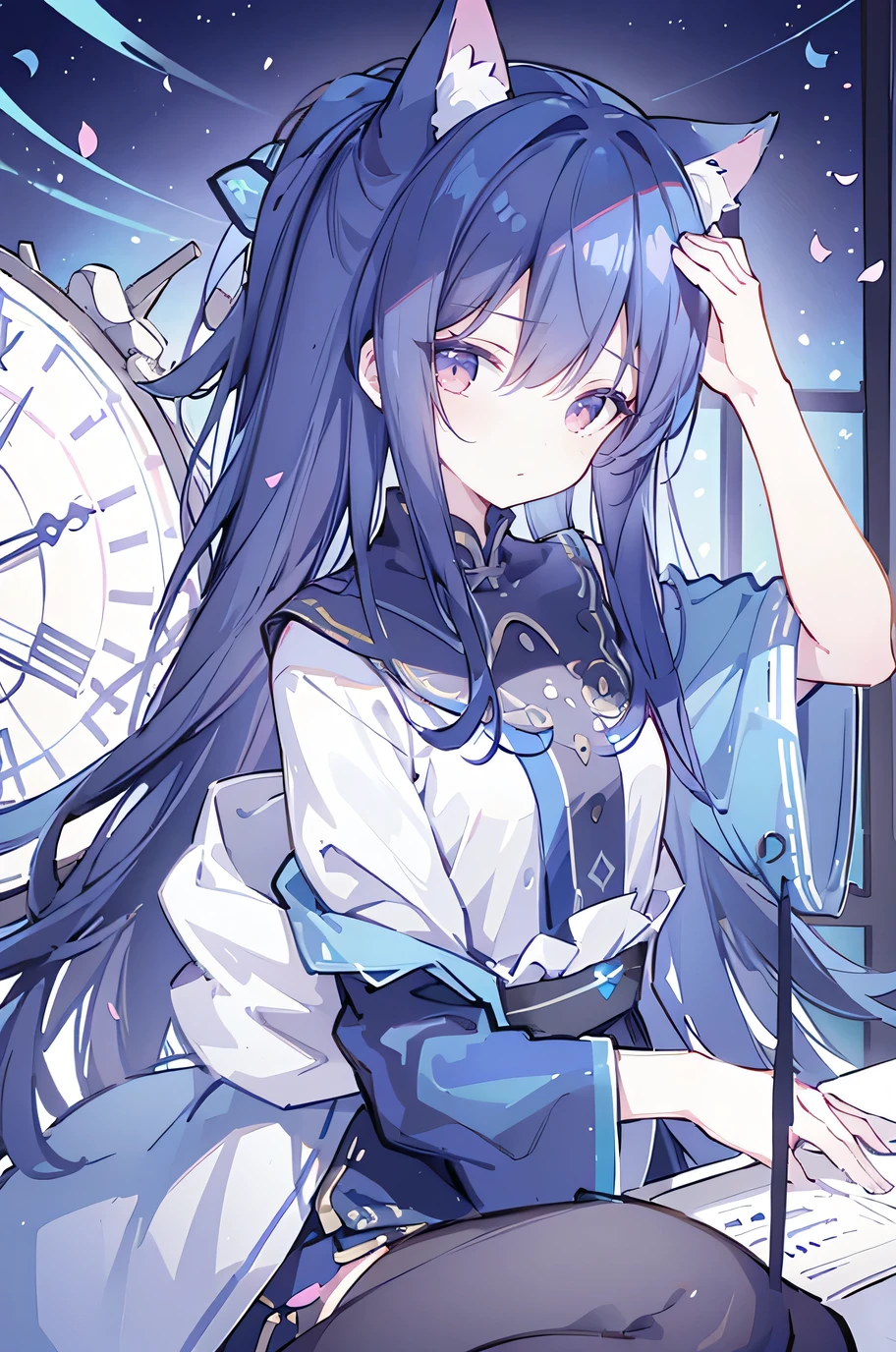 (Masterpiece:1.2)，Ultra-detailed，lifelike，The eyes are expressive，Fair skin，Perfect face shape，1 girl，Japanese Manga，Gorgeous blue hair，Flowing blue hair，Flowing clothes，Cat ears，Petals falling，Shy face，sitting on window，Place your hand on your lips,masterpiece, absurdres, novel cover, cover illustration, 1girl, solo, dark blue-haired ponytail, mage robes, flower background, clock background, monochrome, line drawing