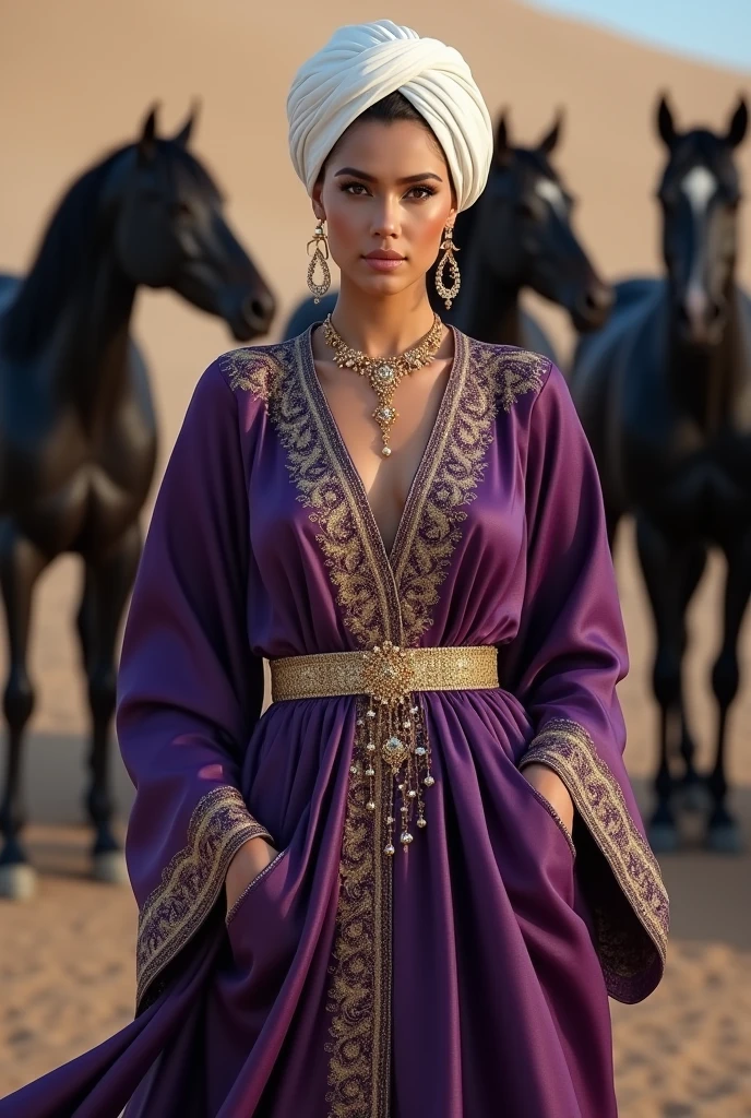 Femme du harem avec des chevaux noir avec un caftan pourpre ornées de broderies complexes avec un turban blanc avec une ceinture en cuir doré et des babouches en cuir et un colliers en or ornées de diamants