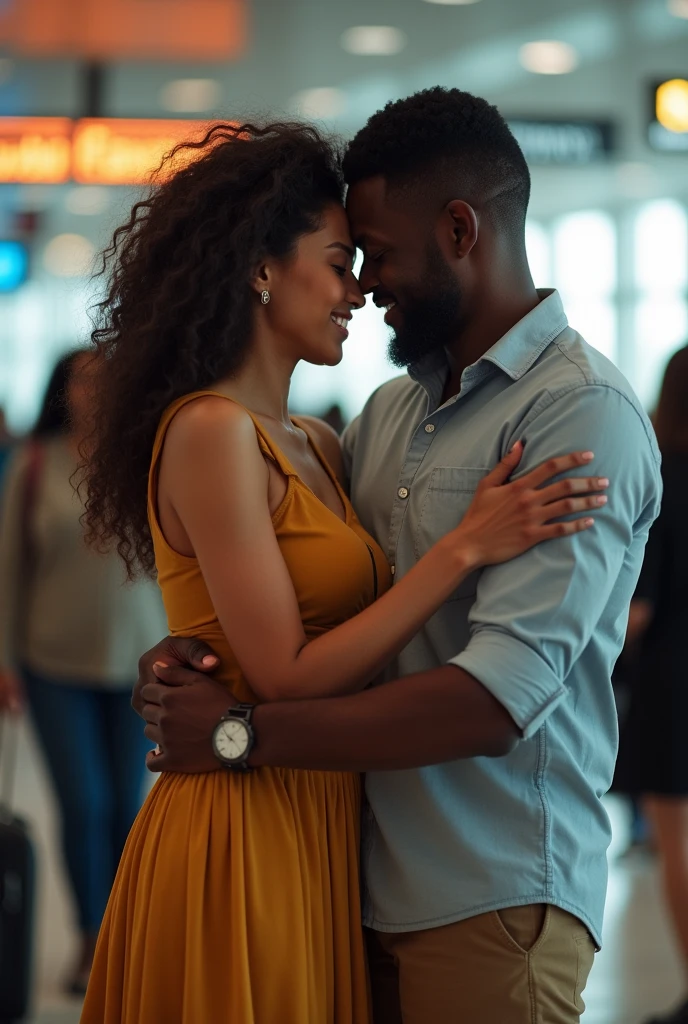 A picture of an African male and female hugging each other passionately at the airport