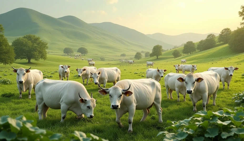 Create an image of a vast pasture with white cattle roaming. The pasture should have a green plantation with several cows and bulls eating and some just walking around. O estilo deve ser realista. The image must be in high resolution.
