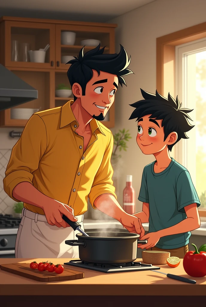 In a cozy kitchen setting, young Professor Petterson stands beside two agers, guiding them as they cook together. The professor, dressed in his signature yellow dress shirt and white pants, exudes a warm, approachable energy. His short black hair is neatly styled, and his goatee adds a touch of maturity to his youthful appearance.
To his right is a blonde boy with striking green eyes, who is focused on stirring a pot, his face lit with concentration. On his left, a boy with spiky black hair is chopping vegetables, his expression a mix of seriousness and excitement as he listens to Petterson’s instructions.
The kitchen is filled with the sounds and smells of their cooking, creating a lively and warm atmosphere. The three of them work together seamlessly, the camaraderie evident as they enjoy this shared activity. The scene is one of learning, bonding, and the simple joy of preparing a meal together.