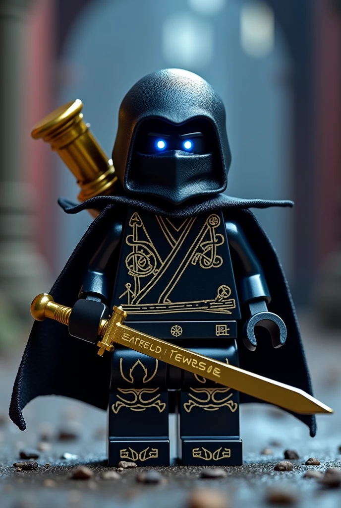 Créer moi un lego ninja go avec pas de muscles et ni de masque le premier maitre du spijisufuturiste de la dernière puissance fusionnaire et doit être en lego un ninja avec un chapeau de paille noir, avec un bandeaux noir cachant la bouche avec une cape noir derrière le dos sombre et avec une peau noir foncé noir sombre et un regard terrible avec des yeux en éclair bleu avec une puissance incroyable avec comme puissance élémentaire l’électrique, l’énergie, la terre, le feu, la glace. Les habits du ninja doit être tout noir avec des traces grise bleu foncé avec des reure en forme de force, d'électricité, de feu en or et des écritures japonaises et le parchemin antique du spinjisu interdit sacré le plus puissant en golden avec des symboles de lions en rouge sur le torse. Un ninja imbattable monstrueux beaucoup trop puissant qui contrôle tous les pouvoirs élémentaires. Le ninja doit être destructeur et soif de victoire un gentil et méchant avec le parchemin du spinjisu interdit dans le dos et un sabre d’or dans la mains