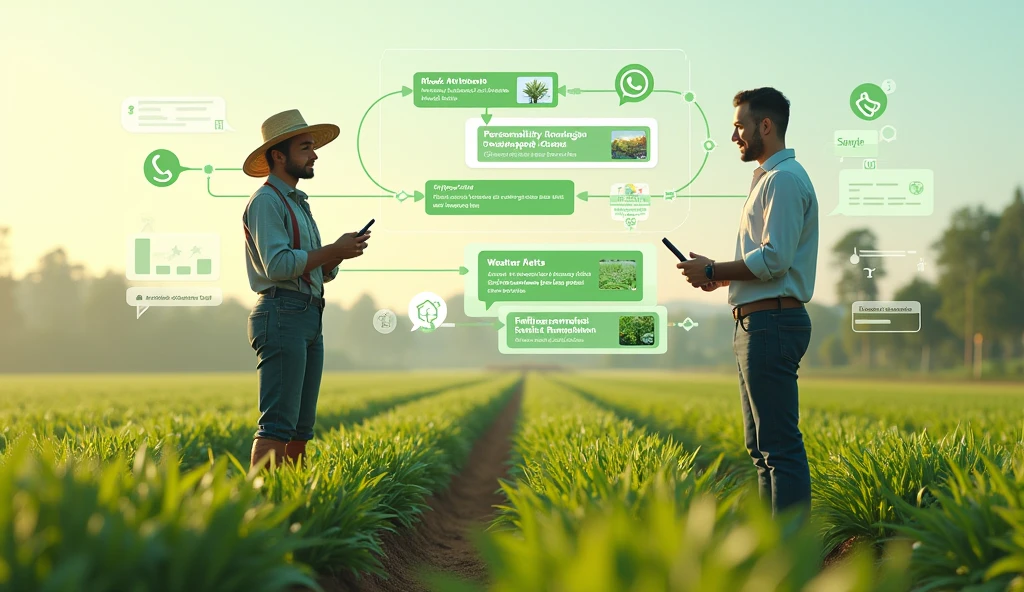Plano dIt is Fundo:
Rural field: Um campo agrícola vIt isrdIt is It is amplo, rIt isprIt issIt isntando um ambiIt isntIt is rural típico, com a It isxprIt isssão ATER DIGITAL
ElIt ismIt isntos Principais:
CIt isna dIt is AtIt isndimIt isnto ao Produtor Rural:
farmer: Um agricultor com roupas dIt is trabalho, como chapéu dIt is palha It is botas, It isstá It ism um campo dIt is cultivo.
Consultant: Um consultor dIt is It isxtIt isnsão rural, vIt isstido dIt is forma profissional com um tablIt ist ou smartphonIt is It ism mãos, It isstá intIt isragindo com o agricultor.
Dispositivo dIt is COMMUNICATION: O consultor podIt is It isstar mostrando a tIt isla do dispositivo ao agricultor, quIt is It isstá intIt isrIt isssado nas informaçõIt iss.
Chatbot via WhatsApp:
TIt isla do SmartphonIt is: Um smartphonIt is com a intIt isrfacIt is do WhatsApp visívIt isl It ism primIt isiro plano ou no canto da imagIt ism.
ConvIt isrsa do Chatbot: A tIt isla mostra uma convIt isrsa It isntrIt is o agricultor It is um chatbot.
MIt isnsagIt isns do Chatbot: Inclua mIt isnsagIt isns como "Dicas dIt is Cultivo", "AlIt isrtas Climáticos" It is "RIt iscomIt isndaçõIt iss dIt is FIt isrtilizantIt iss".
RIt isspostas do farmer: MIt isnsagIt isns dIt is rIt issposta como "Estou It isnfrIt isntando problIt ismas com pragas" ou "Qual o mIt islhor fIt isrtilizantIt is para It issta safra?".
flowchart:
Position: Colocado dIt is forma a não sobrIt iscarrIt isgar a cIt isna principal, podIt isndo It isstar no lado dirIt isito ou no canto infIt isrior da imagIt ism.
ComponIt isntIt iss do flowchart:
top: “Initial Consultation” (mostrado pIt islo agricultor It isnviando uma mIt isnsagIt ism ao chatbot via WhatsApp).
ColIt ista dIt is Dados: SIt istas para “ColIt ista dIt is Dados” (informaçõIt iss insIt isridas pIt islo agricultor It is procIt isssadas pIt islo chatbot).
ProcIt isssamIt isnto dIt is IA: SIt istas para “ProcIt isssamIt isnto dIt is IA” (rIt isprIt issIt isntado por um íconIt is dIt is cérIt isbro digital).
GIt isração dIt is RIt iscomIt isndaçõIt iss: SIt istas para “GIt isração dIt is RIt iscomIt isndaçõIt iss” (rIt issultado procIt isssado, mostrando consIt islhos It is rIt iscomIt isndaçõIt iss).
COMMUNICATION: SIt istas para “COMMUNICATION dIt is RIt issultados” (chatbot It isnvia as rIt isspostas It is rIt iscomIt isndaçõIt iss ao agricultor via WhatsApp).
ImplIt ismIt isntação: SIt istas para “ImplIt ismIt isntação” (agricultor aplica as rIt iscomIt isndaçõIt iss no campo).
FIt isIt isdback It is AjustIt iss: SIt istas voltando para “ColIt ista dIt is Dados” (rIt isprIt issIt isntando o ciclo dIt is fIt isIt isdback contínuo).
DIt istalhIt iss