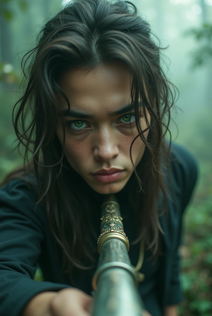 A beautiful young man , green eyes,long hair , 2,Fish Eye, From Below, Holding Ozzy'S weapon.