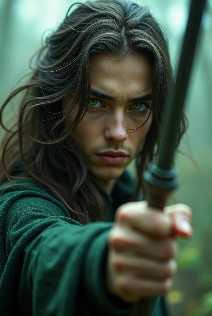 A beautiful young man , green eyes,long hair , 2,Fish Eye, From Below, Holding Ozzy'S weapon.