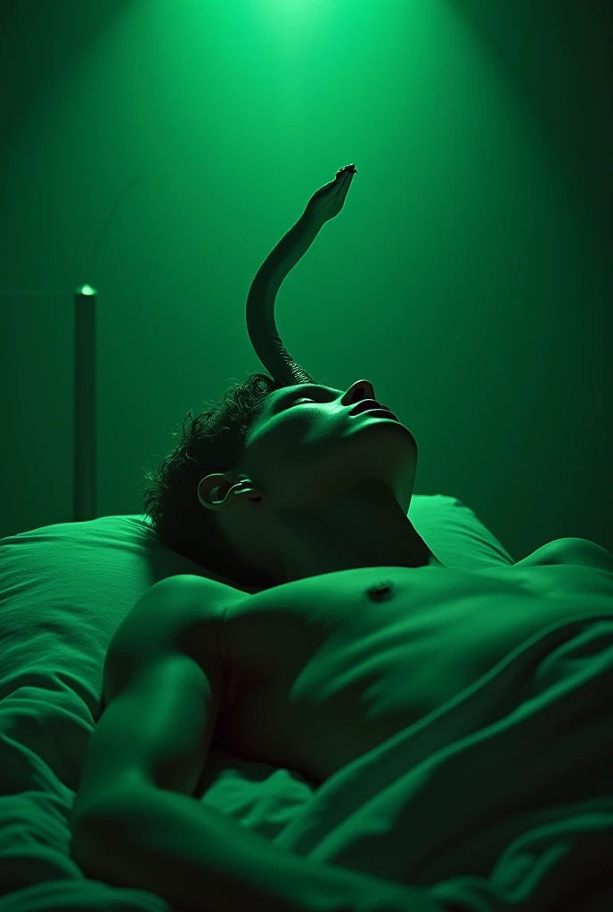  Snake in the brain, back light  , dramatic ((masterpiece, Highest quality, Best image quality, High resolution, Realistic, RAW Photos, 8k)), ((Highly detailed CG synthesis 8k wallpaper)), (lean and slim, Very depressed face, 
Perfect Proportions, Slim body beauty:1.4), The body of a college boy lying in bed ,  in green light, seen from below,