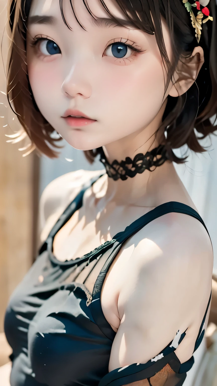 cute, (Black Hair、White Mesh), ((Short Bob)), Perfect Face, An innocent smile, Upper Body,(blue eyes), (Yan), (small), (thin), ((Flat Chest)), ((Only 16)), Skin dentition, Very detailed, Attractive oval face, Red lips, pink, Glowing Skin, thin髪, Face Focus, Chest close-up, Gorgeous hair ornament, ((1 person)), Embarrassed expression,