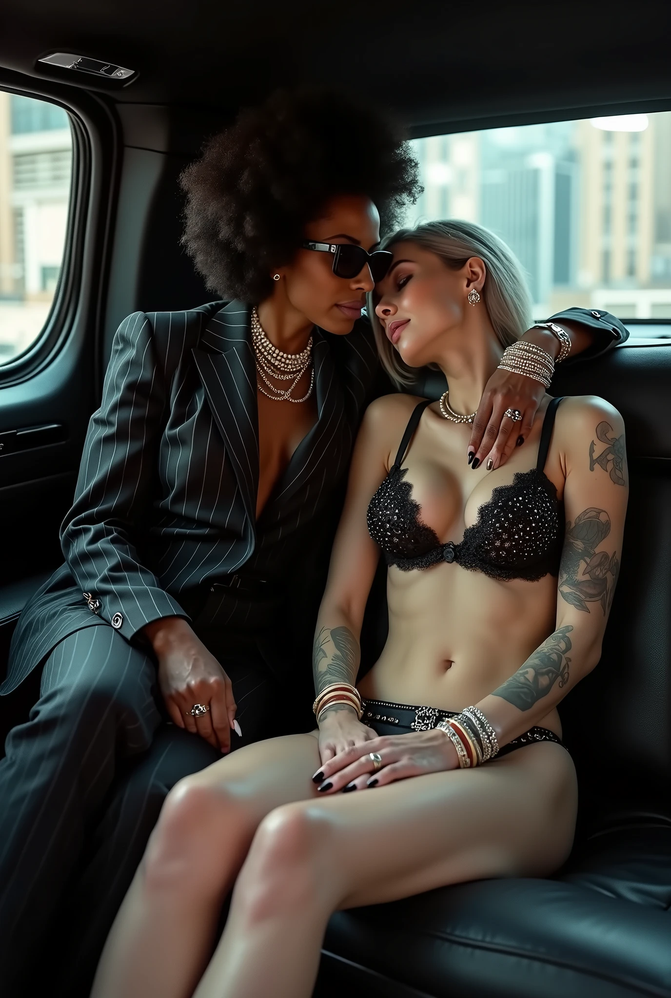 Two russian old milf women: the dominant aggressive dark skinned black woman in business pinstripe suit (jacket and trousers), long nails and afro hair, sitting on the center of the back seat of a limousine with possessive stance (arms around her girlfriends' shoulders squishing her tightly, groping the body of the white woman with her other hand, like a predator on her prey). Next to her, her white rich drunk girlfriend leaning over her (very pale: pale face, pale neck, pale chest, pale arms, pale hands, pale stomach, pale leg), white woman stretches her neck, looks overwhelmed by her girlfriend. white woman is shy and submissive, feeling dizzy and needy, seduced, in laid back posture spreading her leg with hands on her knee and bra, chin up stretching her neck, arched back, wide open legs. White woman dresses in rock chic style: Black shiny leather thong, grey hair (straight, middle part) and oversized square sunglasses as headband. Big lips. Black studded leather push up bra, silicone breasts. Barefoot.. Lots of thick wide studded bracelets in the wrists of the white woman, big pearl necklaces around the necks of the white woman, and big rings, Pearl earrings. Loose chins and around the hips of the white woman. White woman is lazy, leaning back and forward,mand arching her back.. The white woman is densely tattooed on neck, chest, arms, stomach, legs, wrists and feet. White woman havs well Toned abdominals, thin neck, slim legs and thin arms. Narrow hips. Full body. On the sofa of an expensive loft of NYC. Good illumination