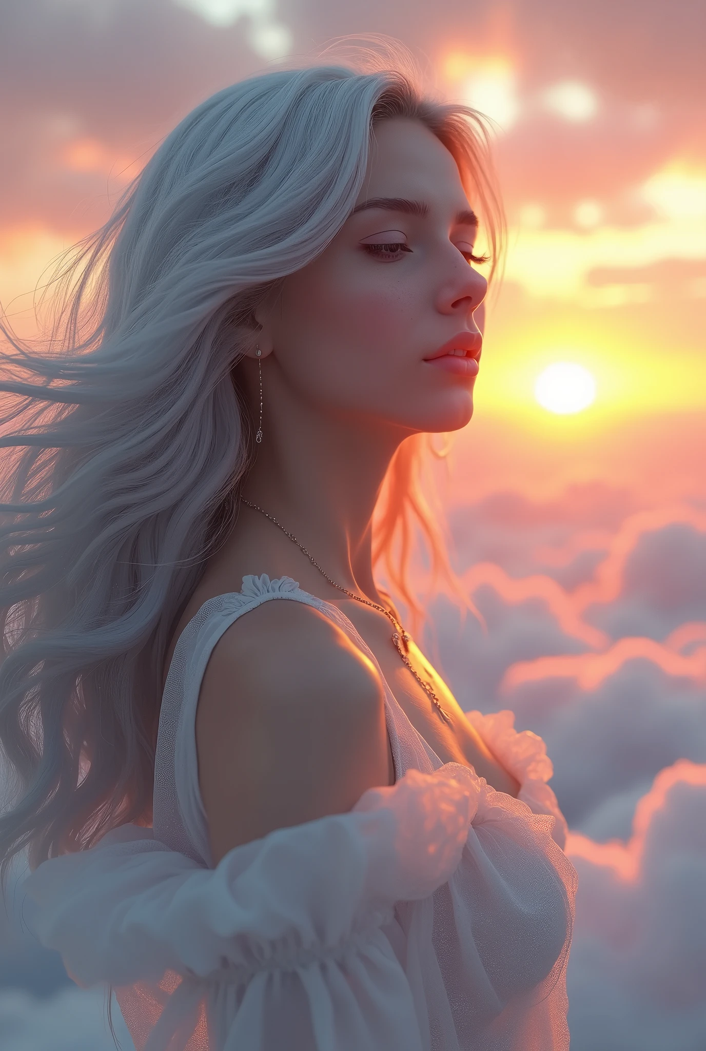 Beautiful woman　Grey long hair　Floating above the clouds at sunset　Smiling