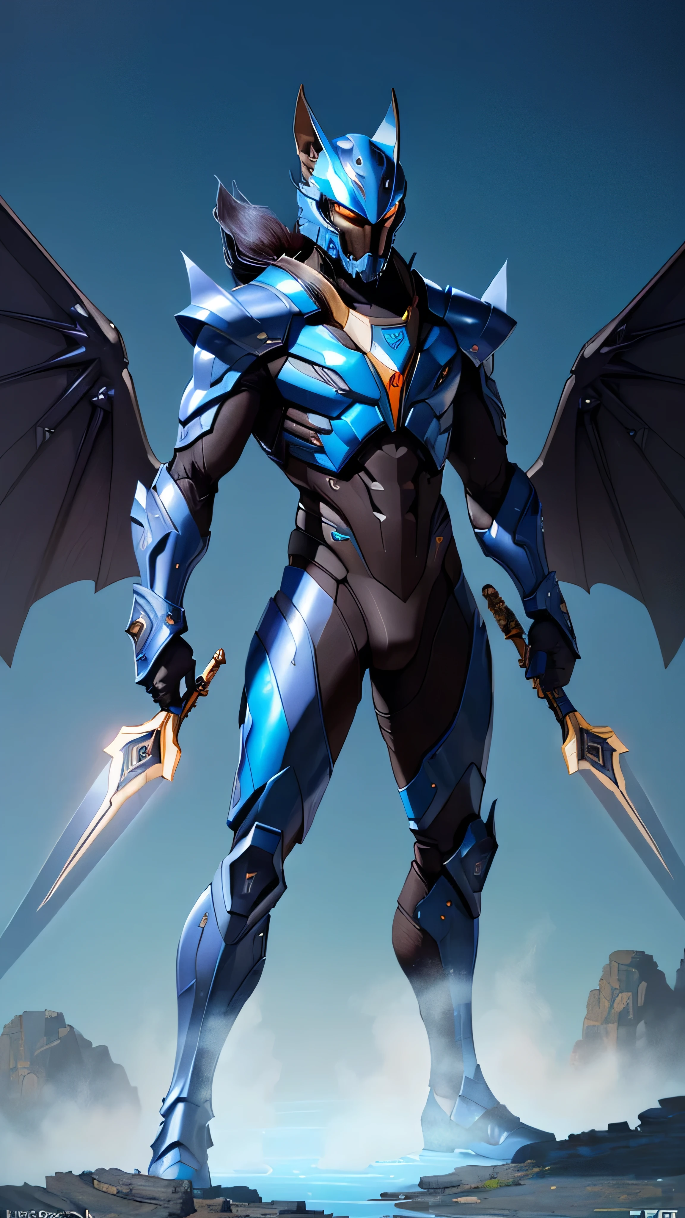 futuristic anthropomorphic warrior, fox-like head, black sleek armored suit with blue patterns, partially covered face by helmet with pointed ears, blue markings, wields large menacing weapon bow, held firmly in both hands, large wing-like structures with blue accents, warm background, hazy sky, 1man, solo, full body view, (masterpiece, best quality), (hyper realistic:1.6), ((detailed face)), ((award-winning)), (sharp), (8k resolution), (cinematic lighting)