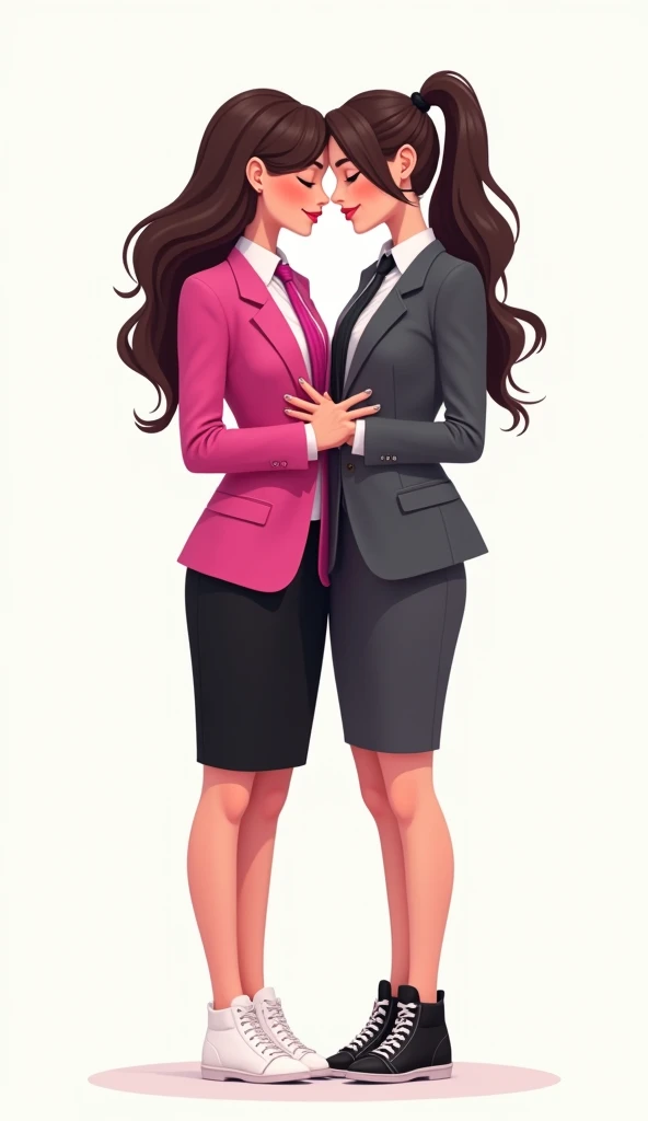 Two girls, long black hairs, yuri, same height, lesbian.
The first girl wear a hot pink suit jacket, white shirt, magenta necktie, black pencil skirt, black underpants, white socks, white sneakers high top.
The second girl wore a grey suit jacket, white shirt, dark grey necktie, black pencil skirt, black underpants, white socks, white sneakers high top.
walking, closed eyes, smiled, white background, novel cartoon, 4K, HD.