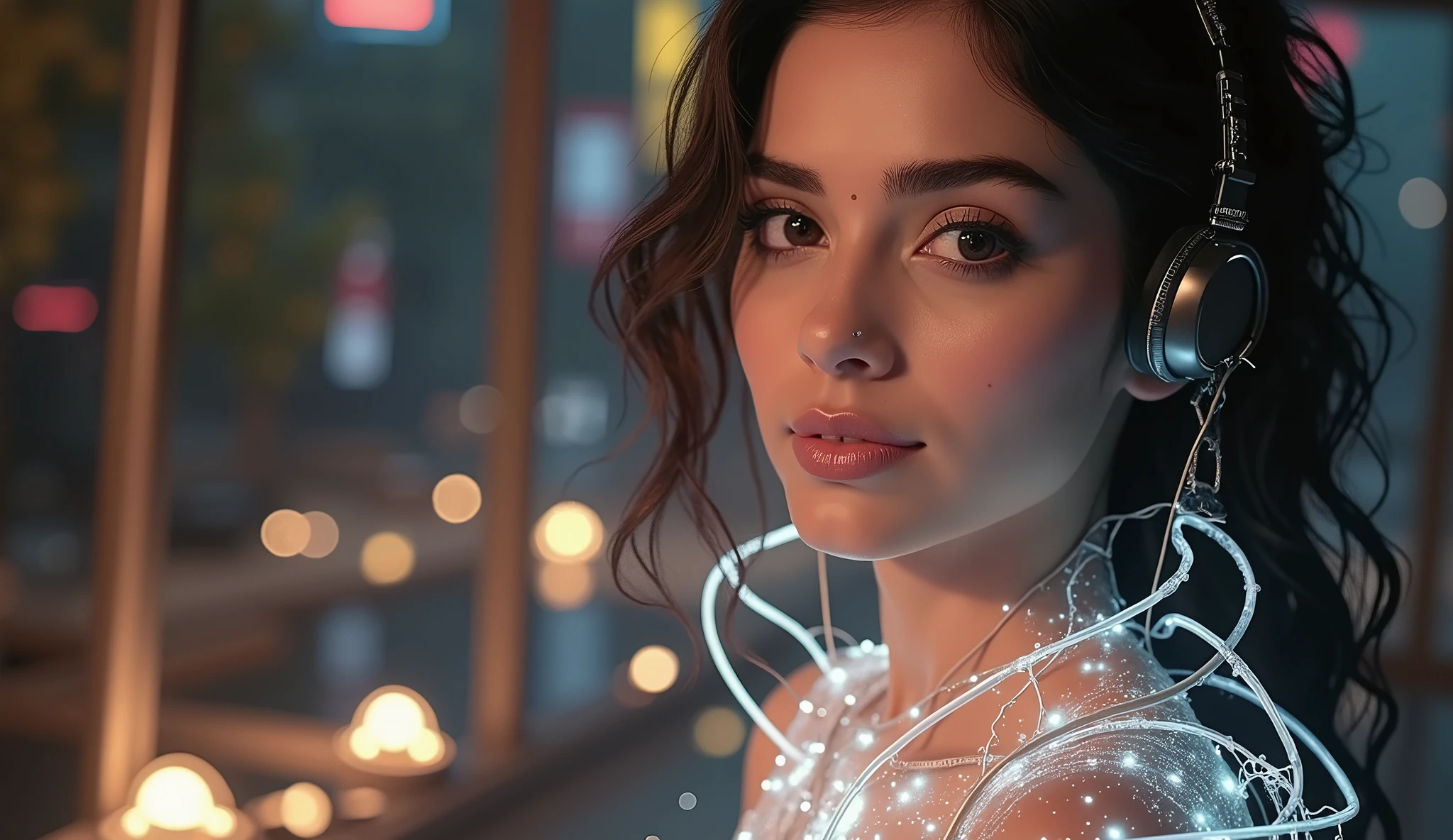 Sonam Kapoor look a like, glowing wires, headphone, dark city, reflective puddles, neon signs,, Photorealistic, Hyperrealistic, Hyperdetailed, analog style, soft lighting, subsurface scattering, realistic, heavy shadow, masterpiece, best quality, ultra realistic, 8k, golden ratio, Intricate, High Detail, film photography, soft focus, RAW candid cinema, 16mm, color graded portra 400 film, remarkable color, ultra realistic,