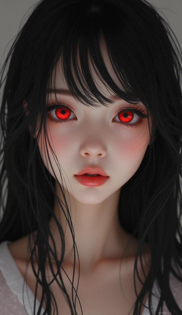 gorgeous young woman: long black hair with full bangs on forehead: Red iris eyes: very white skin: age 19 years 1 , 独奏, high resolution, longye hair, gazing at viewer, high resolution, Masterpiece artwork, anatomically correcte, best qualityer, plano americano, 