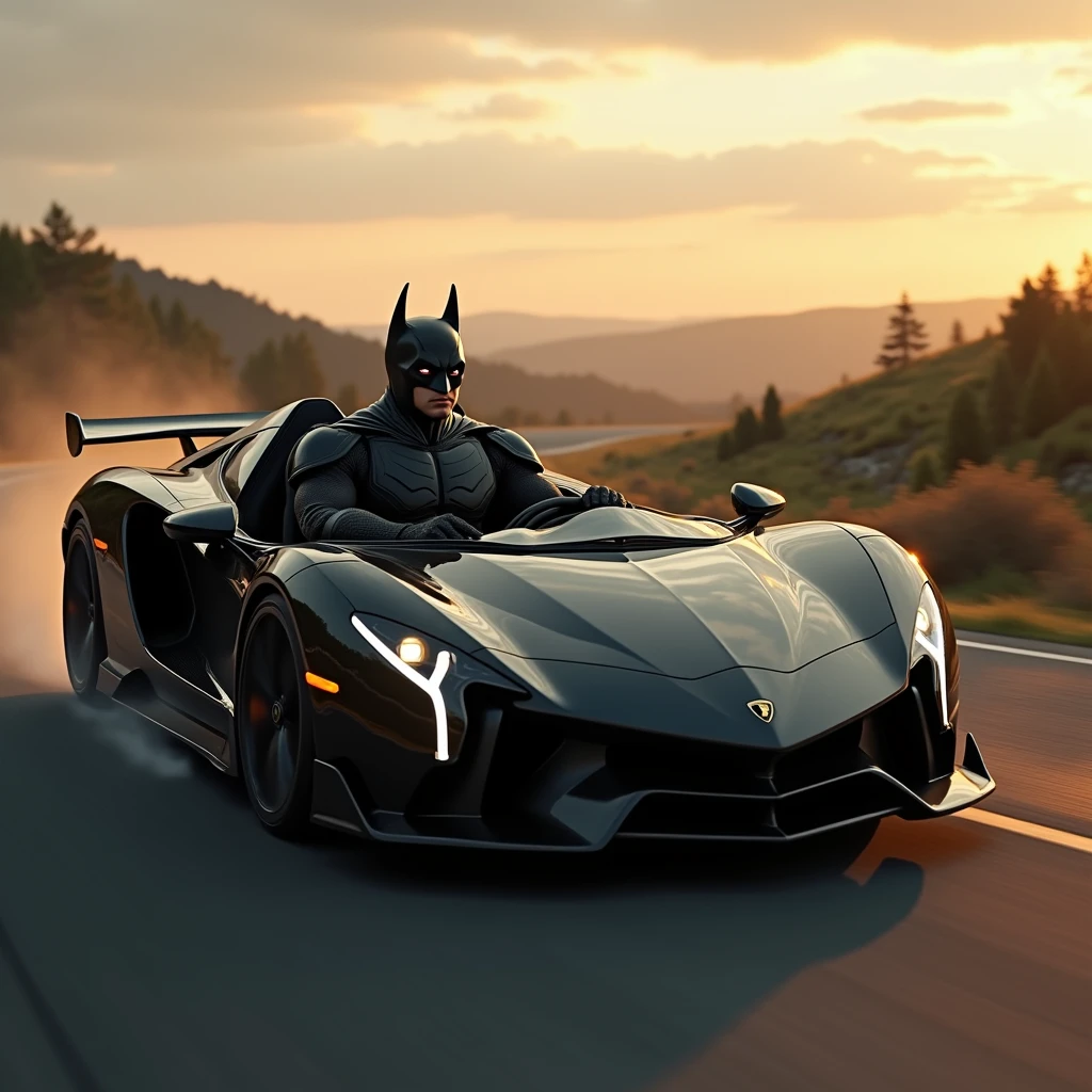 A Batman cosplayer driving a sleek, shiny black Lamborghini down a road at dusk in Maryland. The sky is filled with warm hues of the setting sun, casting long shadows across the road."