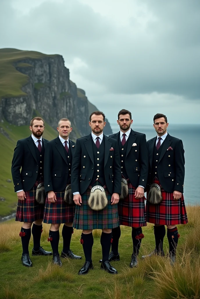 several men in the Scottish with the plaid skirt 