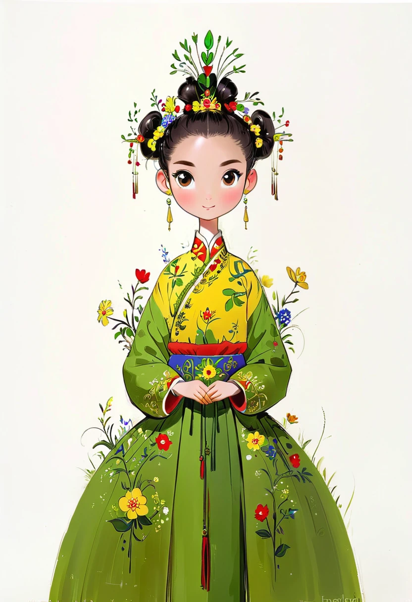 (masterpiece:1.5),(the best quality:1.3),flower, yellow flower, white background, simple background, black hair, hair bun, solo, grass, long sleeves, looking at viewer, hair ornament, dress, 1girl, holding,