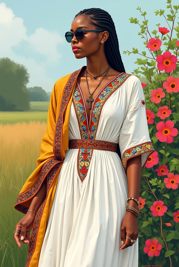 Full body, water colors, ink drawing, beautiful cyberpunk Ethiopian habesha woman, wearing smart digital sunglasses, clean defined delicate features, stylish,Create a photorealistic image of an Ethiopian woman wearing a traditional Habesha kemis. The dress should be ankle-length, made of white cotton fabric with intricate, colorful embroidery around the neck, wrists, and hem. Include a matching shawl draped over her shoulders. The setting should be natural with good lighting, habesha dress, cross necklace , colorful floral background, in the style of Albaso braids