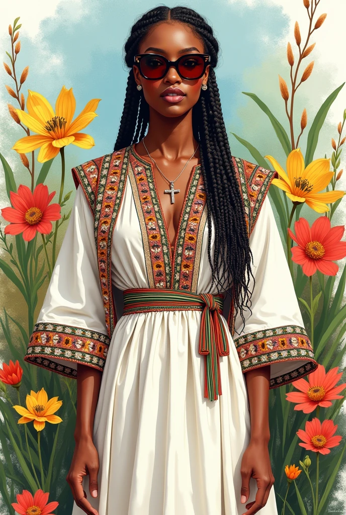 Full body, water colors, ink drawing, beautiful cyberpunk Ethiopian habesha woman, wearing smart digital sunglasses, clean defined delicate features, stylish,Create a photorealistic image of an Ethiopian woman wearing a traditional Habesha kemis. The dress should be ankle-length, made of white cotton fabric with intricate, colorful embroidery around the neck, wrists, and hem. Include a matching shawl draped over her shoulders. The setting should be natural with good lighting, habesha dress, cross necklace , colorful floral background, in the style of Albaso braids