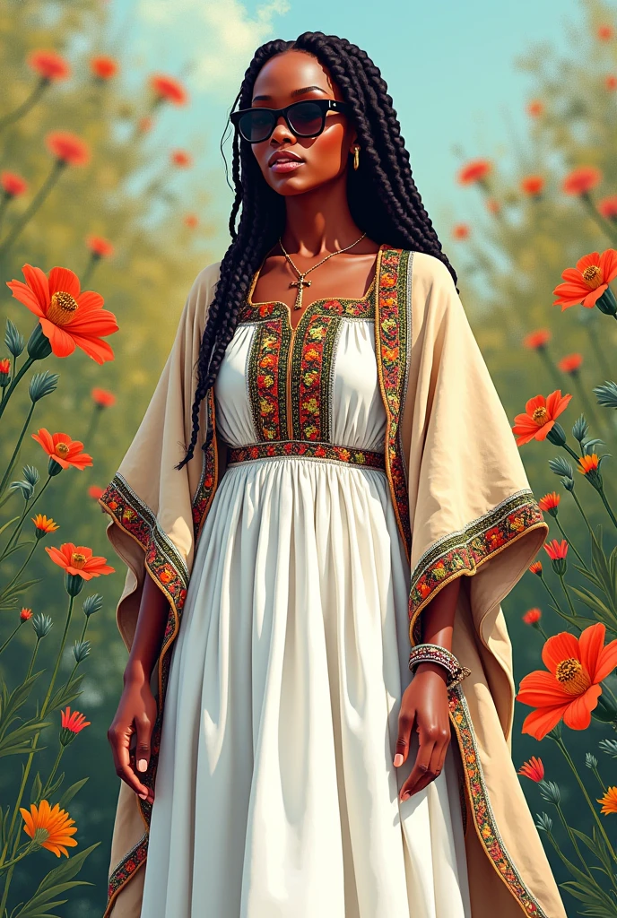 Full body, water colors, ink drawing, beautiful cyberpunk Ethiopian habesha woman, wearing smart digital sunglasses, clean defined delicate features, stylish,Create a photorealistic image of an Ethiopian woman wearing a traditional Habesha kemis. The dress should be ankle-length, made of white cotton fabric with intricate, colorful embroidery around the neck, wrists, and hem. Include a matching shawl draped over her shoulders. The setting should be natural with good lighting, habesha dress, cross necklace , colorful floral background, in the style of Albaso braids