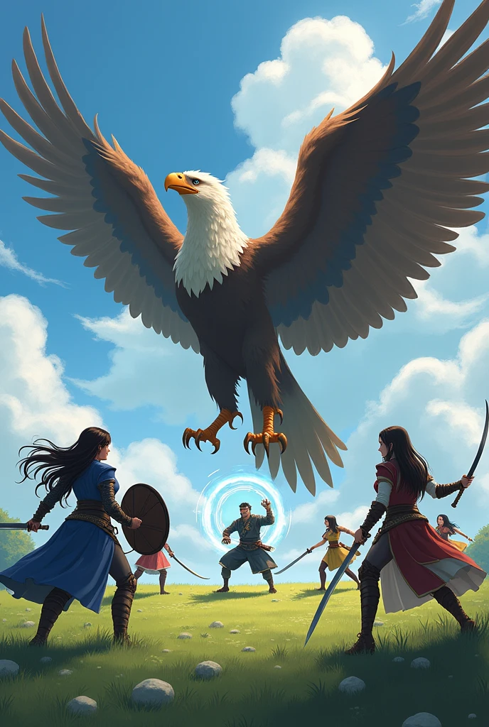 A hero party fighting monsters in the grassland, The monster is a giant griffin,A griffin has the head of an eagle and the body of a lion, A very strong monster that eats goblins and other creatures., The brave party、Blue Armored Heroine、A well-built man warrior with a shield、A mysterious summoner in ethnic clothing holding a spellbook、Four female samurai with swords, all beautiful, Each one fights with their own unique tactics, The summoner creates a magic circle of light in the air., The warrior blocks the griffin's claws with his shield., The hero jumps and attacks the griffin.