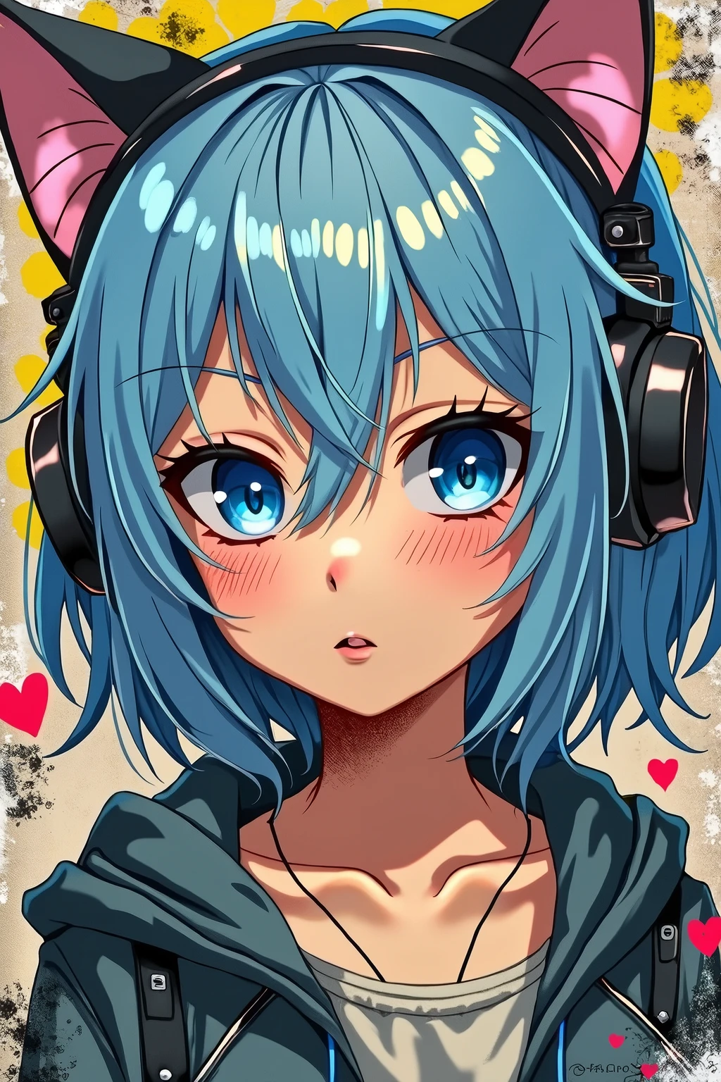 blue eyes, Textured skin, Medium Hair, Light blue hair, Cat ear headphones, Tsundere, collage, Speed Line, Action Painting,
