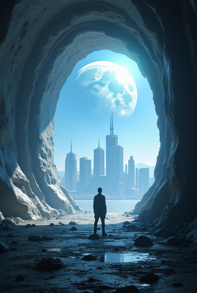 Draw a picture showing a figure standing alone at the entrance to a large tunnel. The end of the tunnel reveals a sweeping view of a futuristic city illuminated by an enormous moon or planet above. Emphasize the contrast between the dark, rough ground in the tunnel and the bright urban landscape.