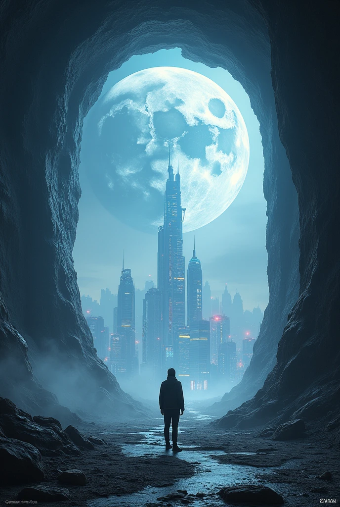 Draw a picture showing a figure standing alone at the entrance to a large tunnel. The end of the tunnel reveals a sweeping view of a futuristic city illuminated by an enormous moon or planet above. Emphasize the contrast between the dark, rough ground in the tunnel and the bright urban landscape.