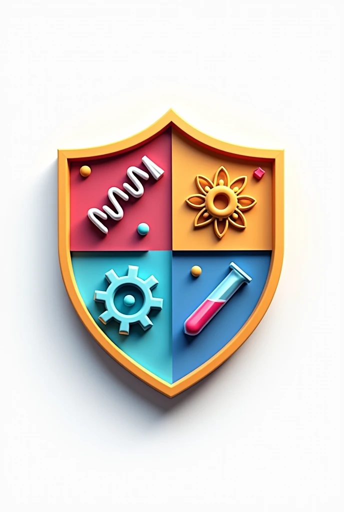 Science club logo, shield, with dna, gears, atom, and science experiment tube divided into four boxes 3d logo, white background, clear logo and cute