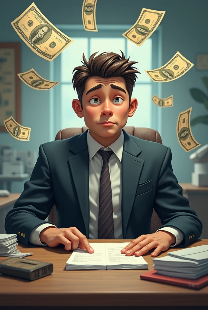 (photorealism:1.2), Illustrate a person in a dull, uninspiring job that they dislike, but with symbols of a high salary, such as a large paycheck or luxury items. Emphasize the contrast between their wealth and lack of fulfillment."
