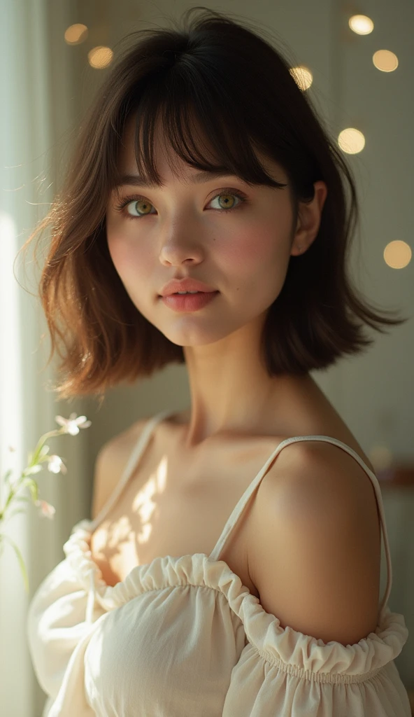 beautiful light green colored eyes, (body shape is a pear):1.33, (slightly chubby face):1.32, (round face form):1.31, soft lighting, dreamlike ambiance, adorable smile, sparkling eyes, rosy cheeks, look into camera, (Solo 26yr old girl, little chubby, 162 cm height, weight 60 kg, dark chestnut hair, elongated square haircut, chest 84 cm,  waist 66 cm, hips 95 cm, ribcage 76 cm, 75AA size breasts, Ukrainian ethnic):1.5, Отблеск от линзы, Шедевр, Реалистичная анатомия, (35mm, ISO50, f/0.8L lens),(full length view):1.34.