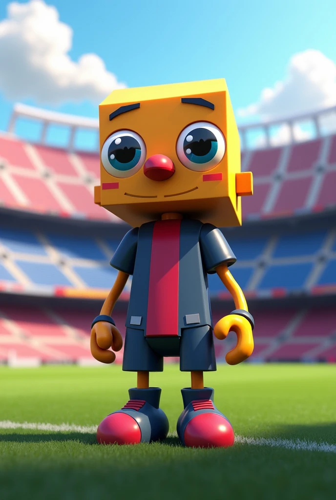 Make Gumball from the Gumball series but made of cubecraft and with the body of a human being and in the FC Barcelona stadium with Gumball&#39;s face