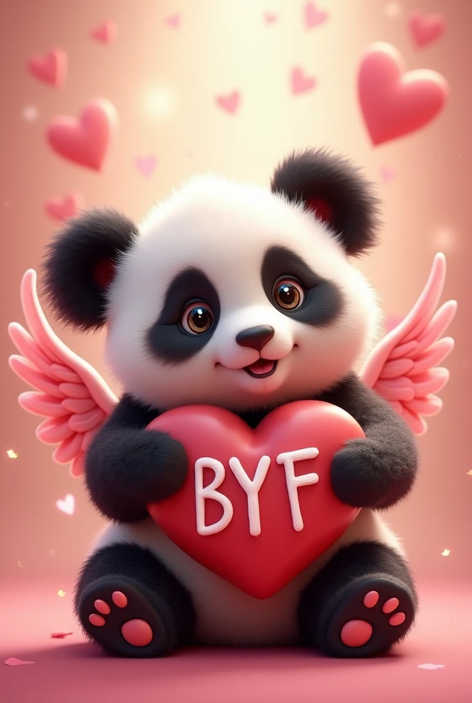 Cute baby panda with winged hearts background holding a heart that has the letters ByF in upper and lower case inside, 
