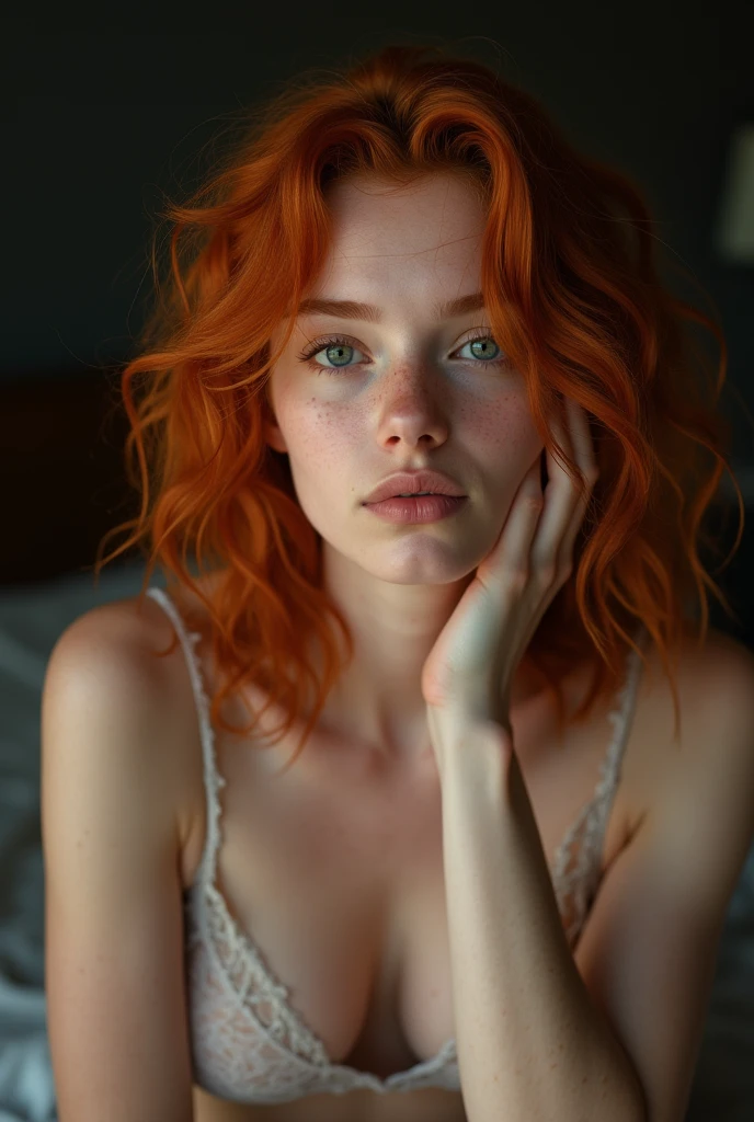 1 fille dans, 18 ans, seulement, Oeuvre esthétique, rousse irlandaise, cheveux roux ondulés, cheveux roux mi-longs, Des yeux brillants, yeux gris clair, quelques petites taches de rousseur, peau pâle, d-up, clivage, (peau texturée, pores de la peau:1.1), (taupes:0.8), peau imparfaite, chair de poule, (fond d'écran 8k extrêmement détaillé), éclairage doux, Haute qualité, grain de film, Mise au point nette du Fujifilm XT3, f5.6, 50mm, Détails élevés, netteté,(Lumière naturelle), dansant, Pantalon de yoga, Haut transparent, jambes galbées, détails fous, Détails complexes, hyperdétaillé, grand, fond sombre, lit, tout le corps, gros seins gaies, sourire taquin,