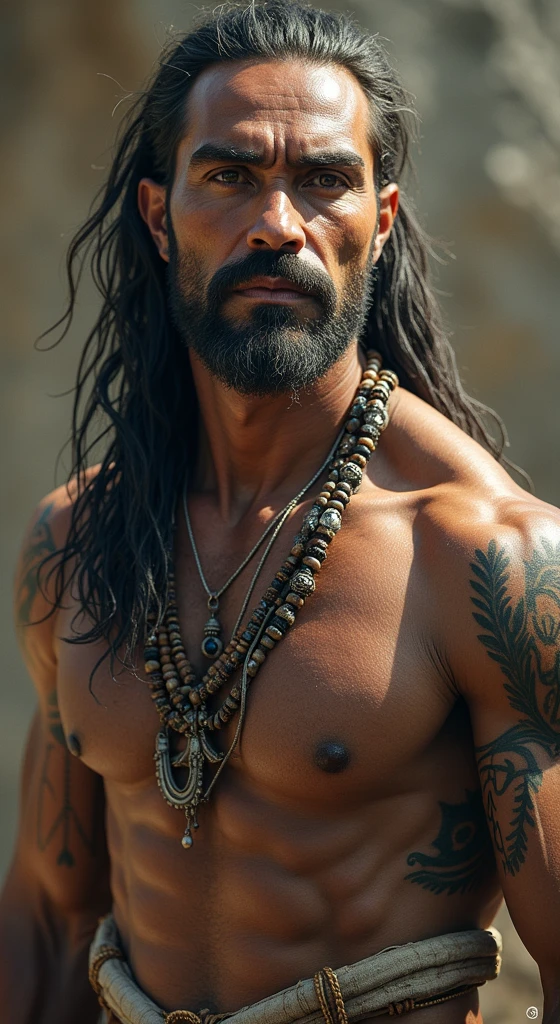 Muscular Native American Tribal Indian Man Without Beard, with long hair and a plain pink button-down shirt. With tattoos and tribal accessories without beard