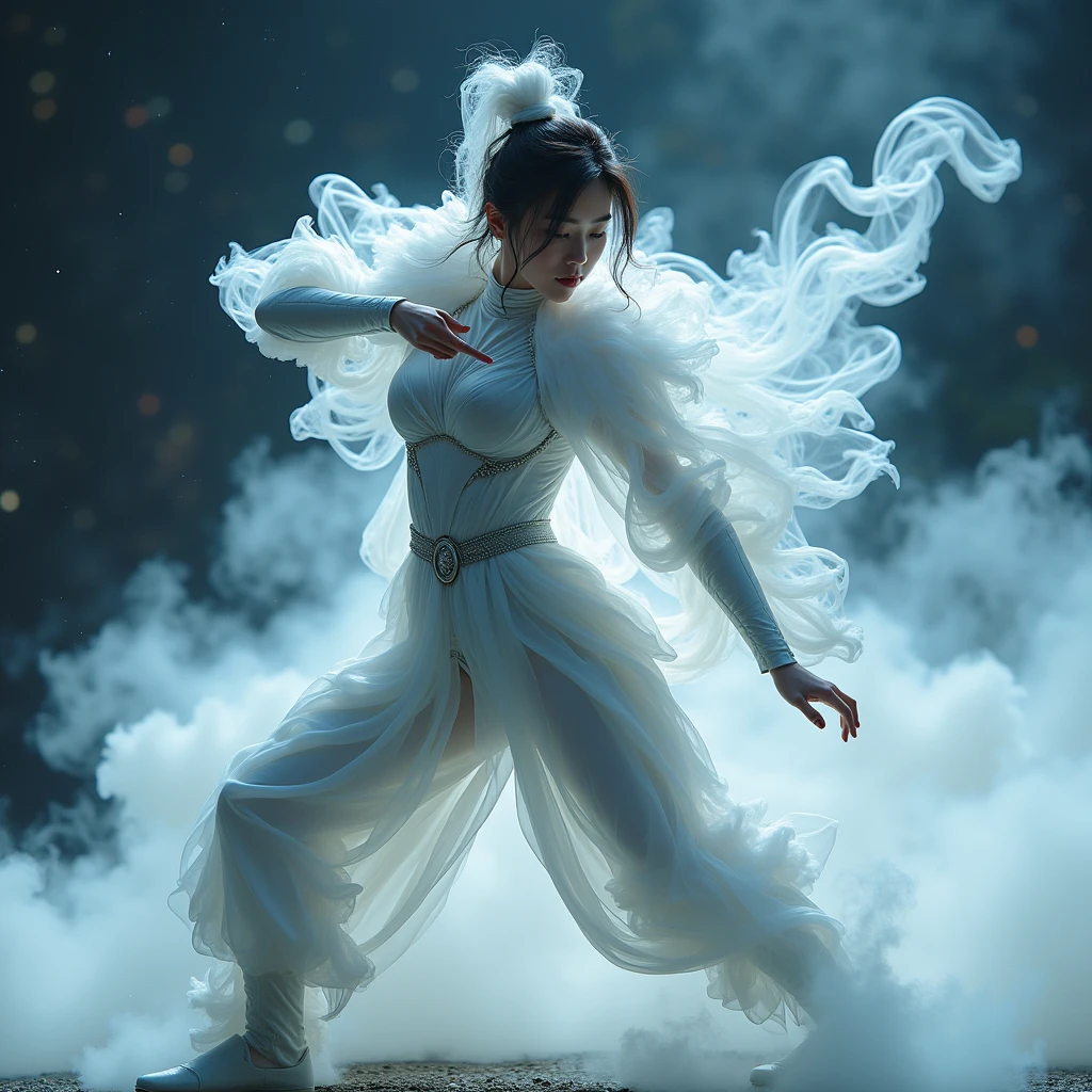 A picture of a futuristic sci-fi armor made of smoke，Asian Beauty，Star Warrior，Shooting stance，Art Photography