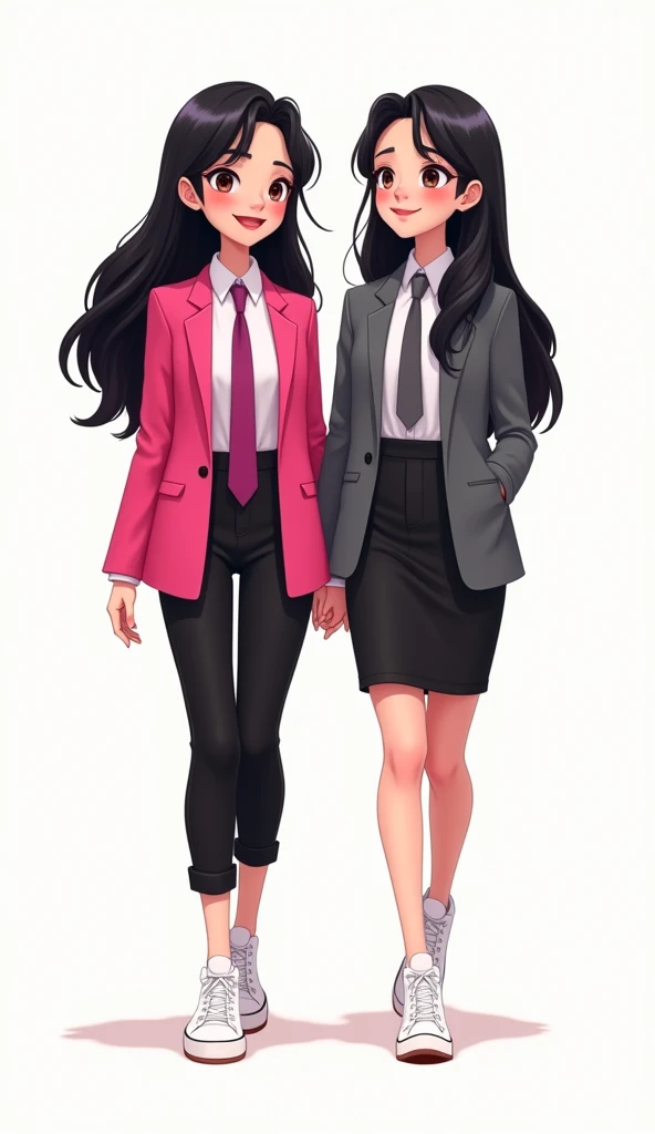 Two girls, long black hairs, yuri, same height, lesbian.
The first girl wear a hot pink suit jacket, white shirt, magenta necktie, black pencil skirt, black underpants, white socks, white sneakers high top.
The second girl wore a grey suit jacket, white shirt, dark grey necktie, black pencil skirt, black underpants, white socks, white sneakers high top.
walking, smiled, white background, novel cartoon, 4K, HD.