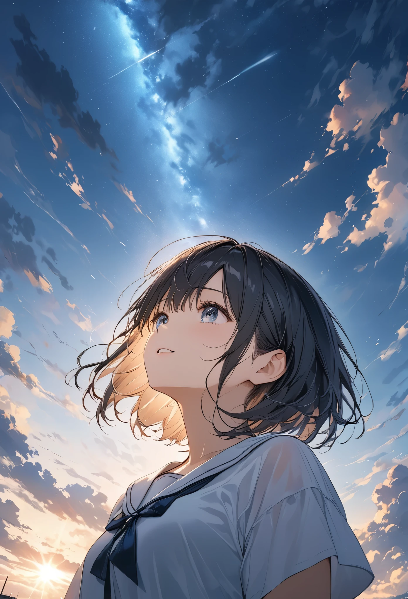 anime、((Amazingly absurd)),(masterpiece:1.2),超High resolution, Attention to detail, high quality, High resolution, 最high quality, 4K, 8k、Crying girl、A girl looking up at the sky and raising one hand to the sky、Dark sky with thick clouds、The sunshine shining through the dark clouds after a heavy rain、Hope is the theme、Composition looking up from below、short hair、Black Hair