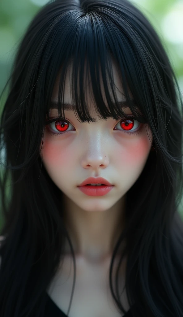 gorgeous young woman: long black hair with full bangs on forehead: Red iris eyes: very white skin: age 19 years Unreal Engine, social realism,