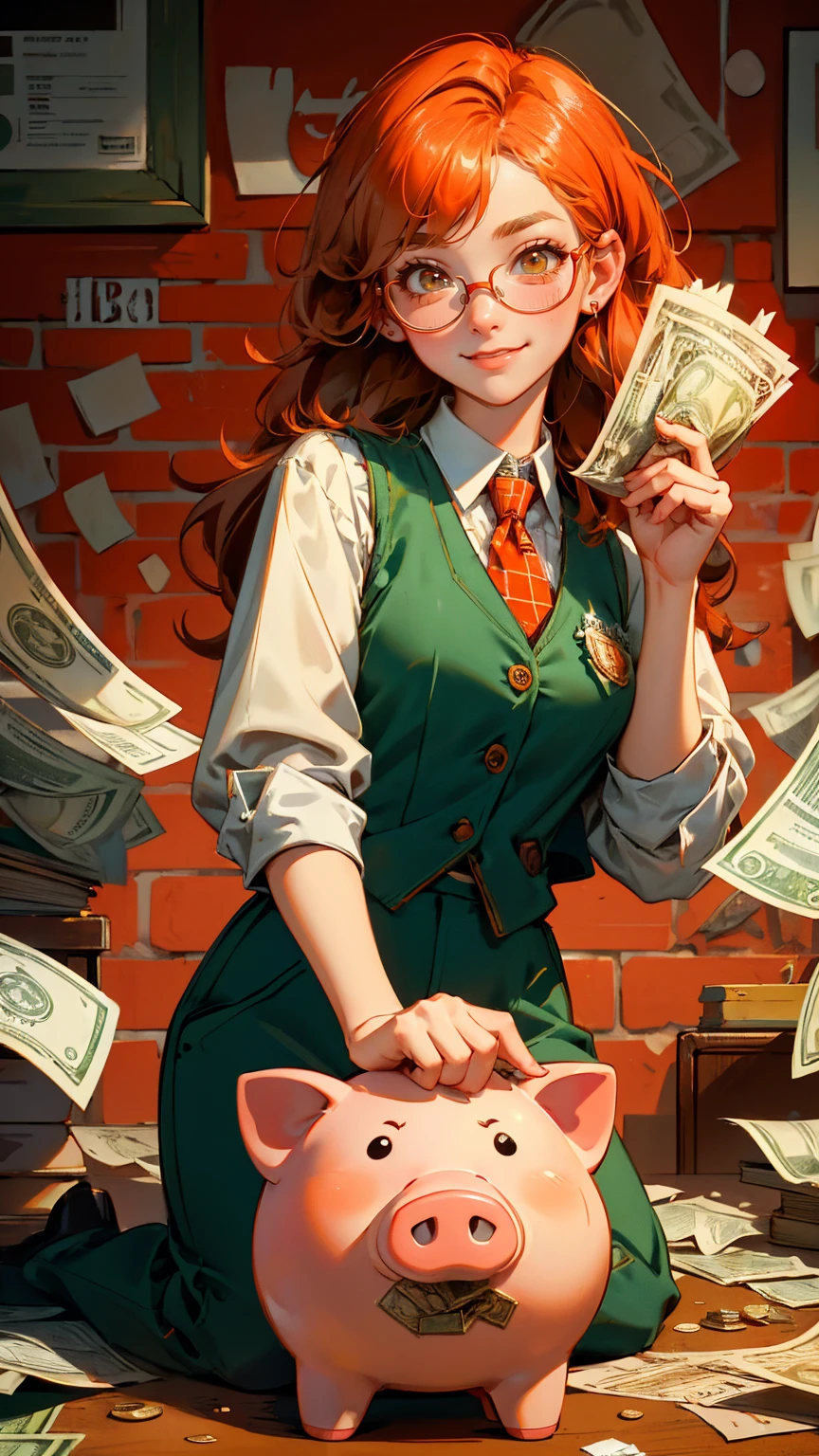 background clear and good A beautiful, cute girl with glasses, wearing a vintage-style green vest over a checkered shirt and a red tie. She is holding up a sign that says 'Buy High, Sell Low' with a big, mischievous smile. The background is filled with a chaotic mix of falling red and orange bricks, financial papers, and broken piggy banks with dollar bills, creating a sense of confusion and chaos. The two cartoonish piggy banks at the bottom look surprised, one with a crack showing its coins. The ground is littered with torn-up financial documents and broken glass. The entire scene has a retro, comic-style look with a warm, red-orange color palette