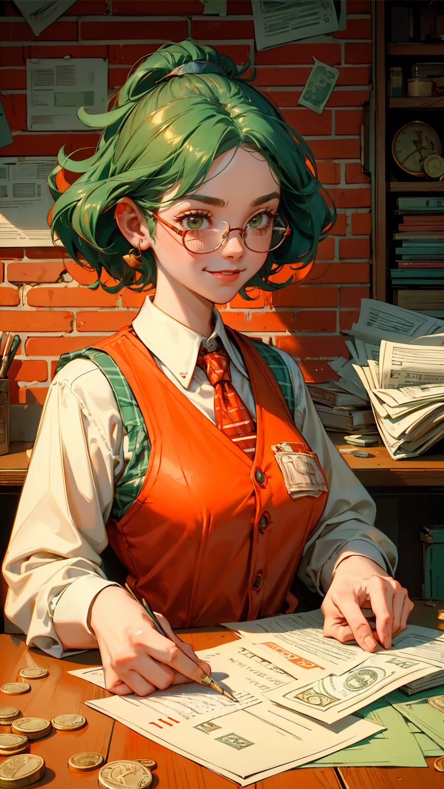 background clear and good A beautiful, cute girl with glasses, wearing a vintage-style green vest over a checkered shirt and a red tie. She is holding up a sign that says 'Buy High, Sell Low' with a big, mischievous smile. The background is filled with a chaotic mix of falling red and orange bricks, financial papers, and broken piggy banks with dollar bills, creating a sense of confusion and chaos. The two cartoonish piggy banks at the bottom look surprised, one with a crack showing its coins. The ground is littered with torn-up financial documents and broken glass. The entire scene has a retro, comic-style look with a warm, red-orange color palette