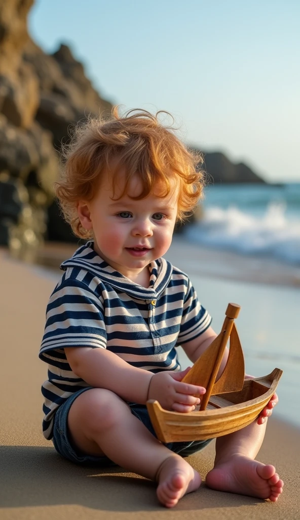 Create UHD photorealistic realistic photo, no animation, no 3D image, no Pixar style animation, no extra fingers. 24-month-old French-Breton boy named Malo, wearing a striped sailor shirt, playing with a toy boat on a rocky beach. Use Canon EOS R5 with 24-70mm f/2.8 lens. Natural coastal lighting, capturing the sea spray. Family album style.
