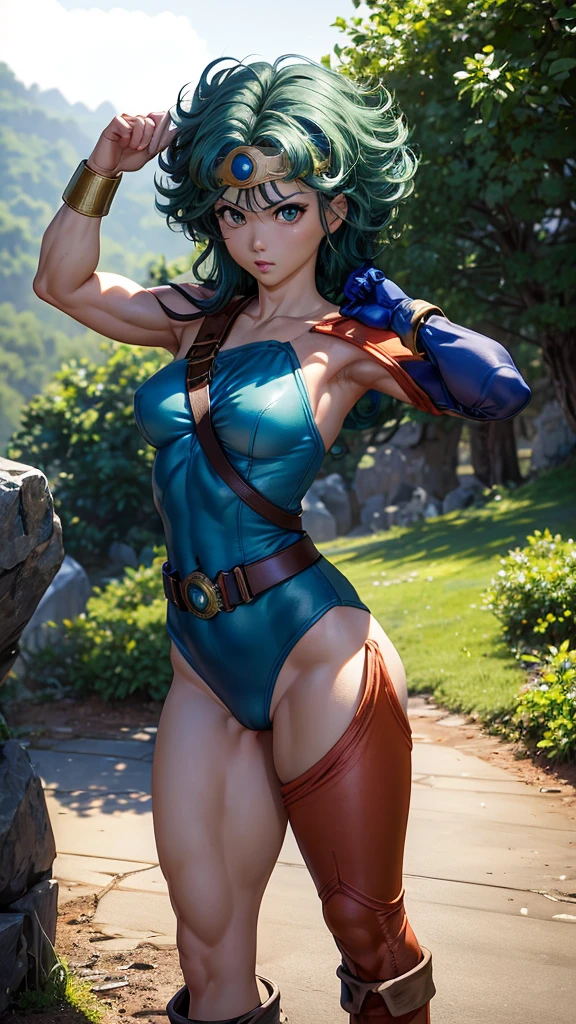 (((SFW、sound、Highest quality、Top notch work、Normal body、8k、Detailed face、Ultra-precision、Normal hand、のrefer、5refer、Highest)))、beautiful girl、Green Hair、yamato nadeshiko、((Small breasts、Shortcuts、Blue leotard、Muscular、Red Cape、Circlet))、(((Sexy pose)))、Female Heroes、 Fight、Fight準備完了、((Perfectly executed:Description of the whole body,Standing posture,Draw the details well、There is no anatomical problem))、grassland